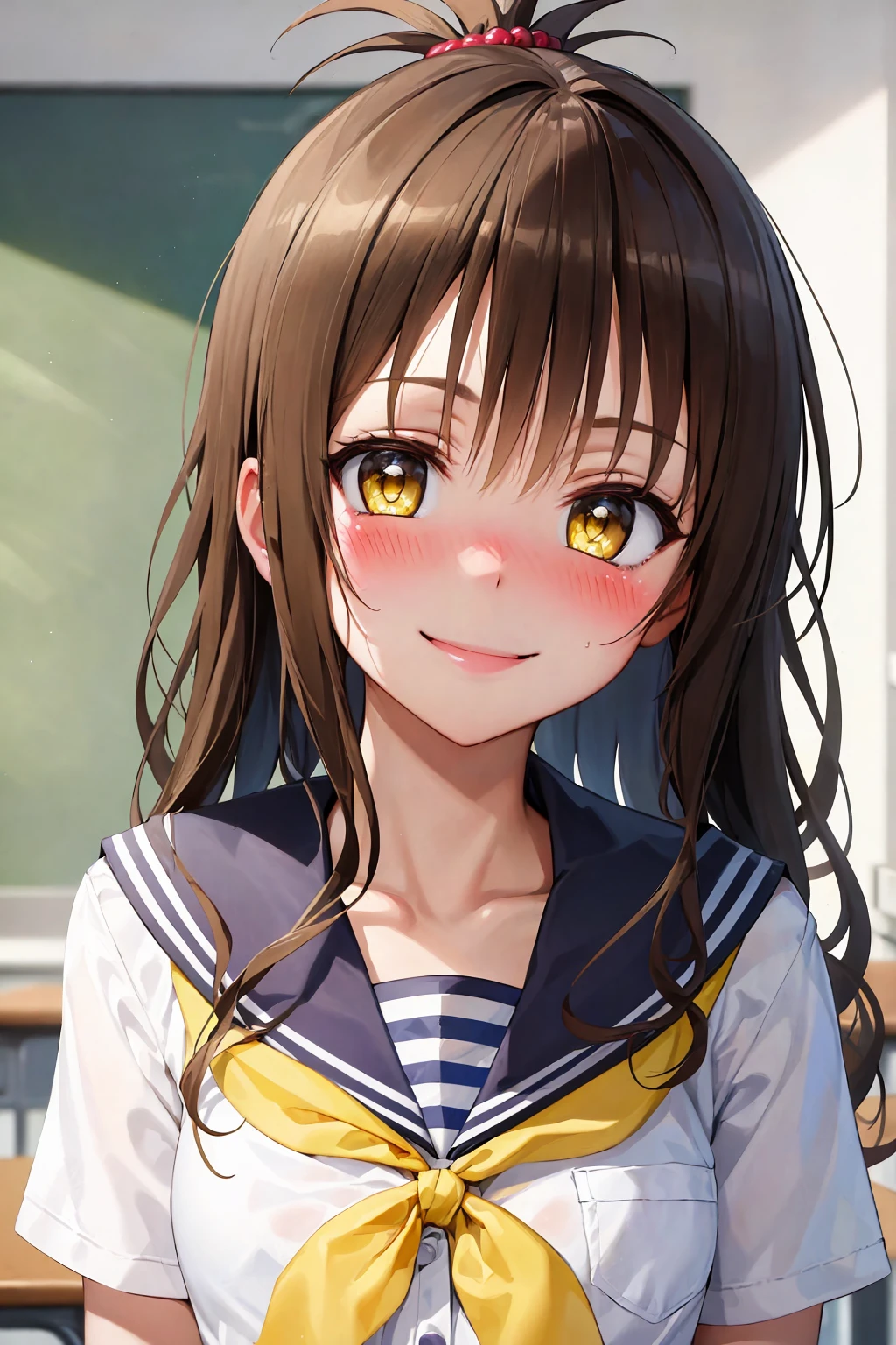 (best quality:1.1), (masterpiece:1.4), (absurdres:1.0), portrait, close up,
1girl, yuuki mikan, brown hair, yellow eyes, hair ornaments, long hair, topknot, wavy hair, small breasts, school uniform, looking at viewer, classroom, (blush:1.2), smile,
<lora:Kizuki - To Love Ru - Yuuki Mikan:0.8>