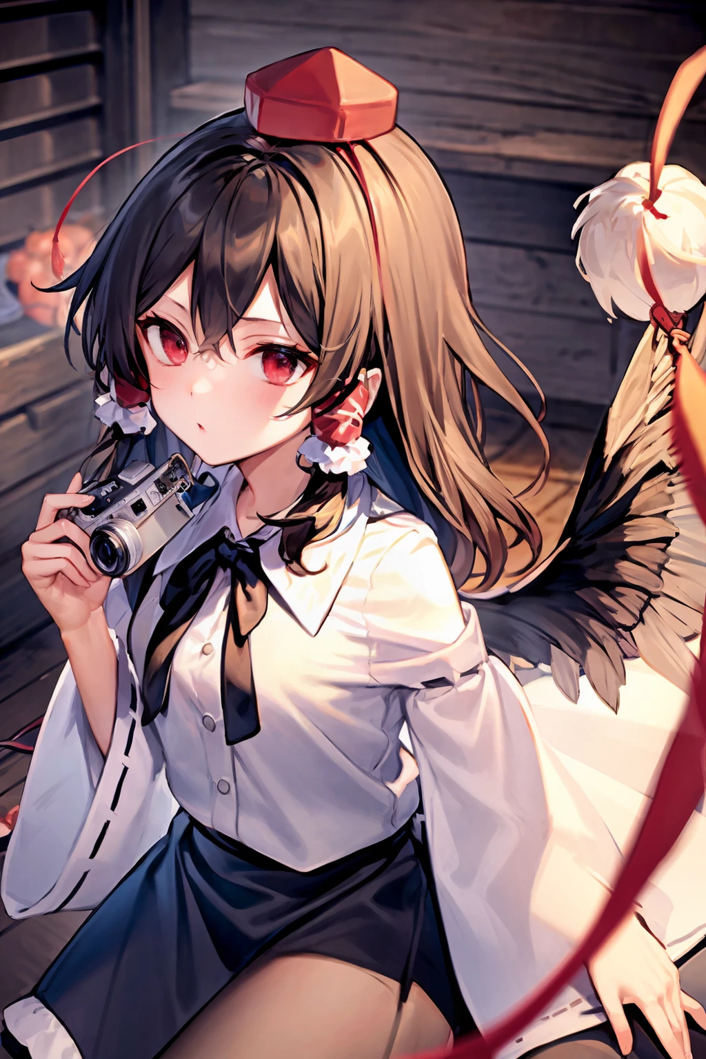masterpiece, best quality, <lora:reimu:0.8>, <lora:shameimaru:0.8>,brown hair,long hair,hair tubes,hair bow,hat,white shirt,black skirt,pom pom \(clothes\), wings,camera