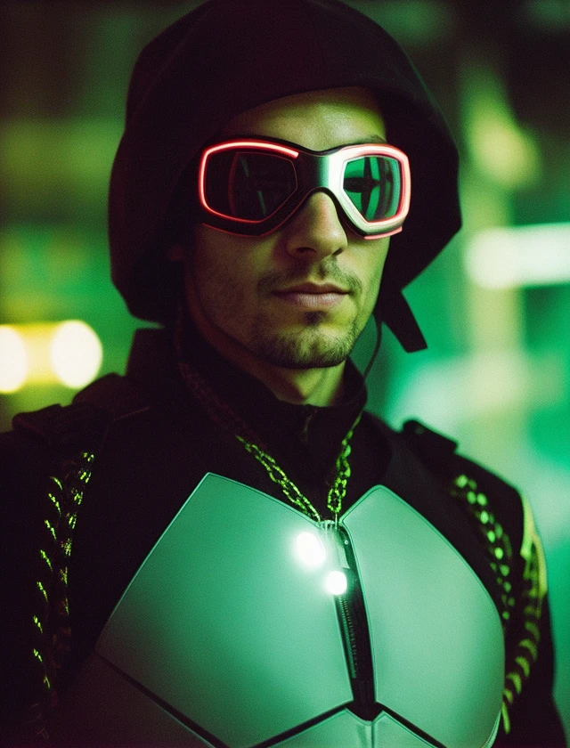 raw photo, kodak, film grain, (portrait:1.2), a man, cybersuit, cyberpunk <lora:Analog Style Kodak v.1.01:0.8>