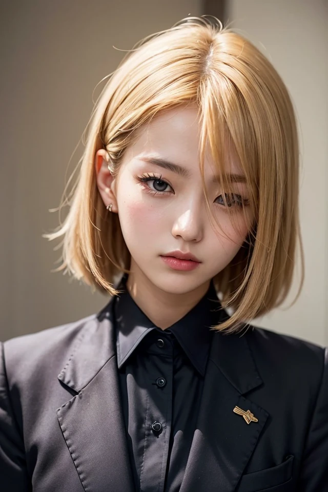 portrait of woman,solo ,20yo,(korean),beautiful face,uppser body,hair over one eye,medium sidecut, blonde hair, sharp focus,black business suit