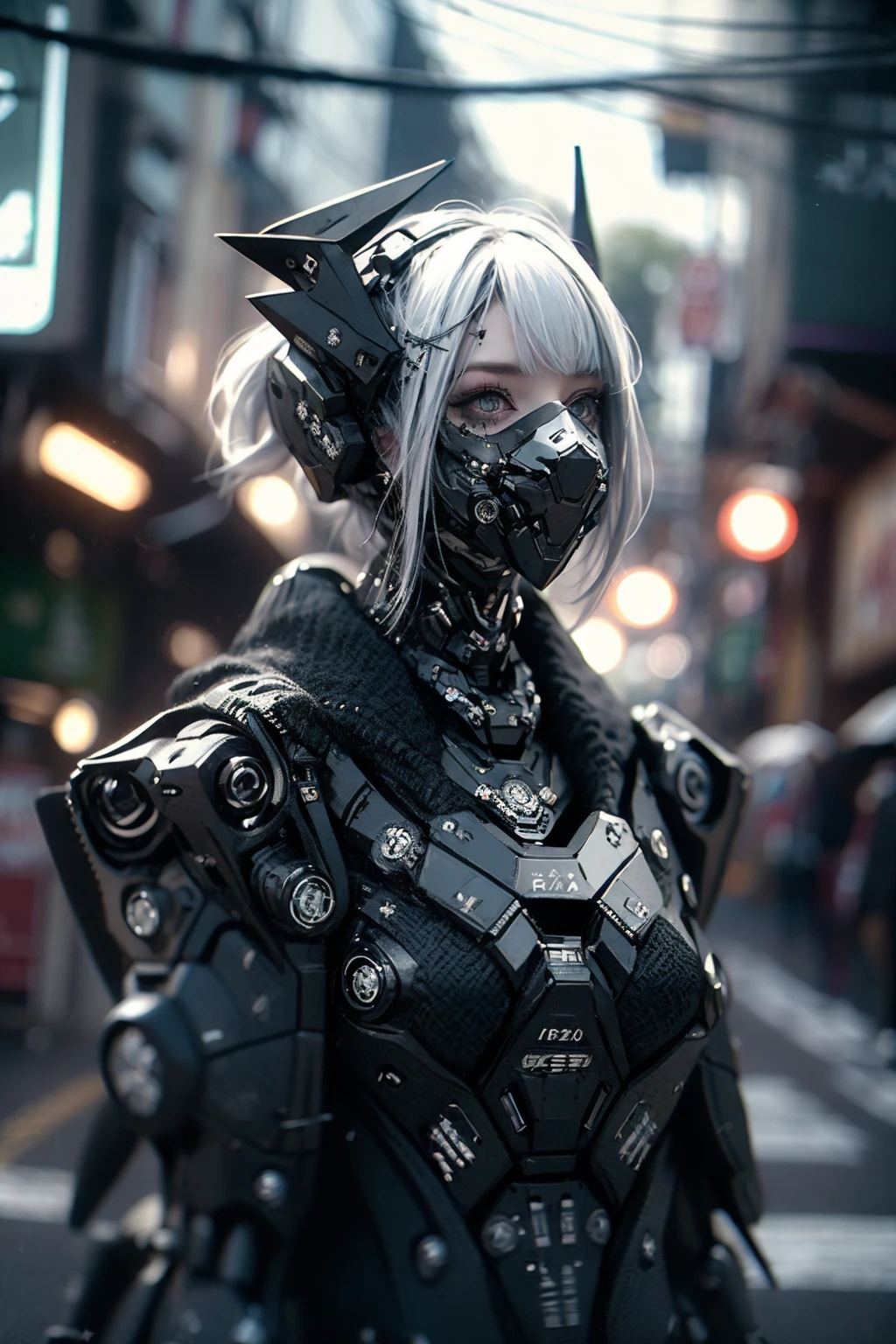 goth_punk, roblit, 1girl, robot, solo, medium shot, walking in Harajuku, ((night time:1.2)), bokeh, neon light, (colourful background:1.2), iridescent eyes, starry sky, white shimmer hair, white eyebrow, glowing hair, (iridescent white hair), earrings, bangs, jewellery, mask, blunt bangs, green eyes, mouth mask, blurry background, blurry, hair ornament, looking at the viewer, short hair, portrait, sidelocks, (with a robotic dragon pet wrapped around the body:1.2), <lorA:Gothpunk:1> <lora:add_detail:0.2> , <lyco:Mecharobot:0.8>
