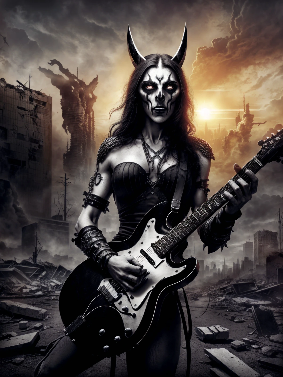 ((portrait)), ((RAW Photo)) (((upper body))) , ((a black metal woman plays her guitar on the last day on earth)), detailed face, post-apocalyptic destroyed city background (photorealistic ), ((new dawn), realistic