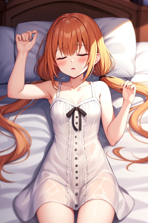 strelitzia, 1girl, solo, low twintails, sleeping, white nightgown