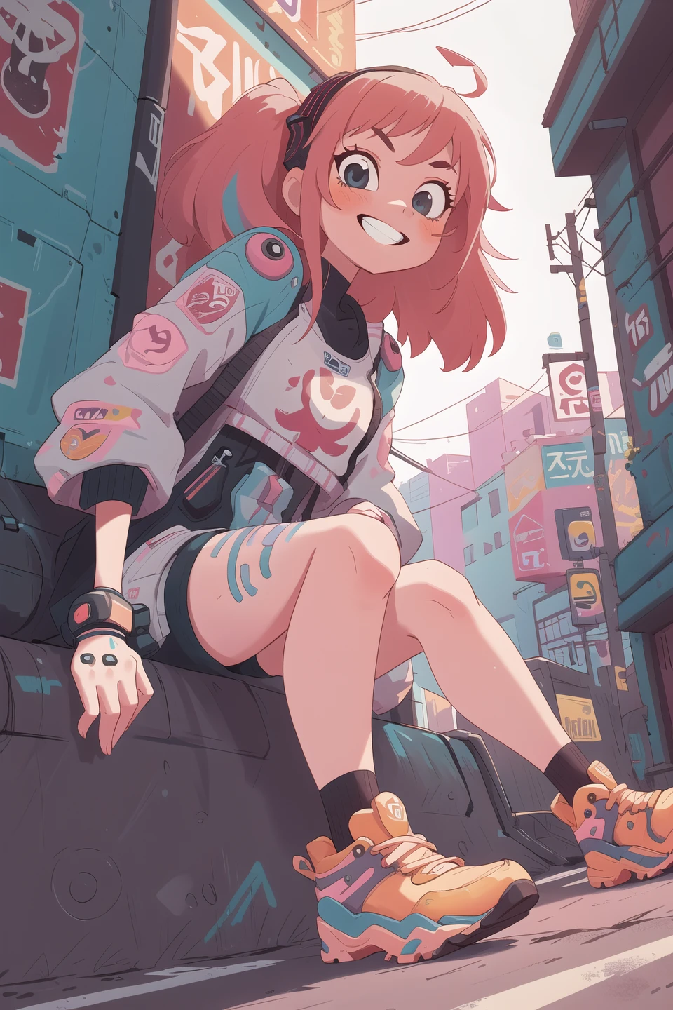 masterpiece,best quality,1girl,pop,stylish pose, cool,street fashion,colorful,trademark pose,from below,sitting,dutch angle,
cyber punk, (frown:0.8), (smile:1.2),(teeth:0.8)