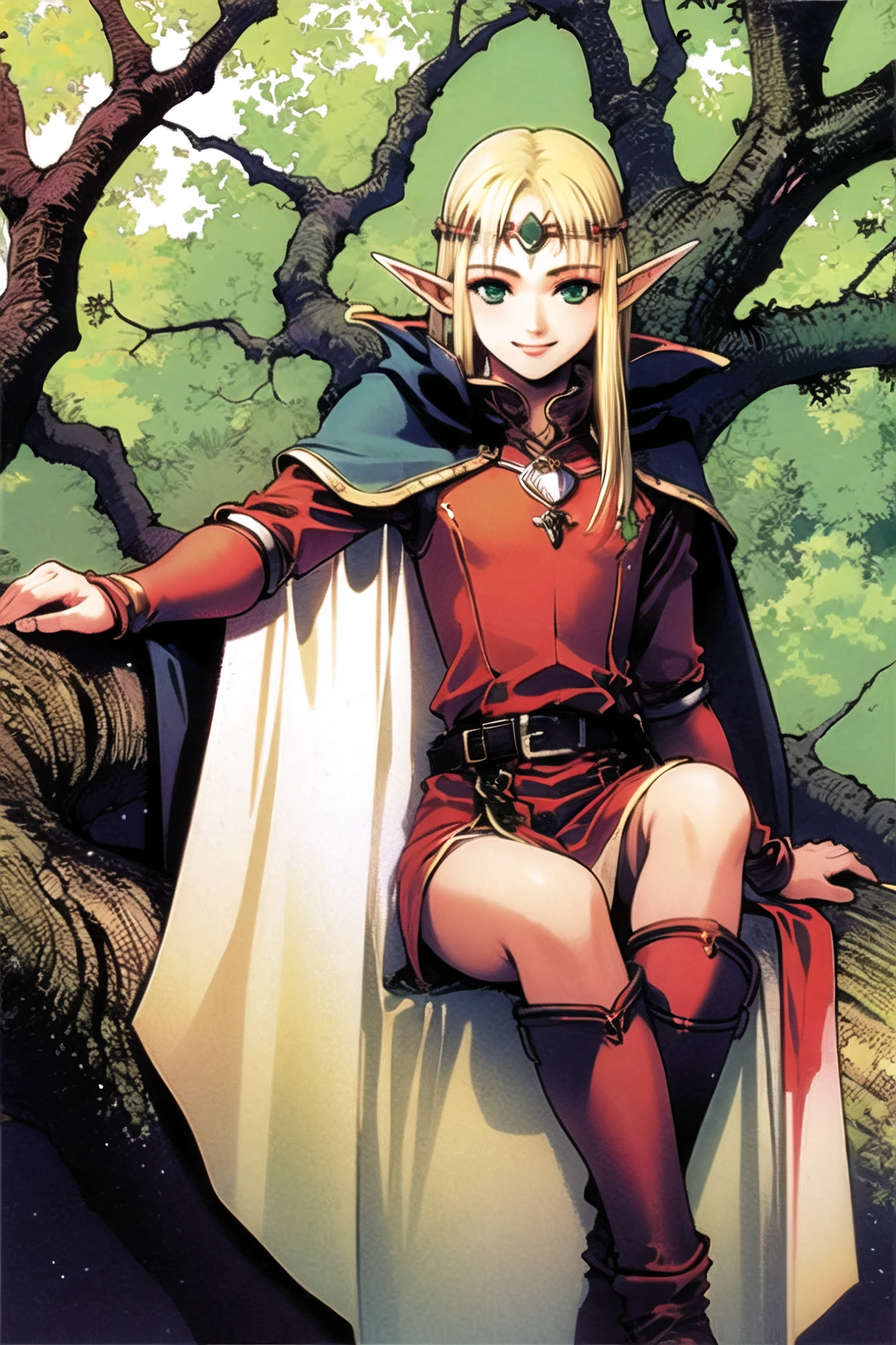 1girl, pointy ears, solo, long hair, elf, armor, tree, sitting, blonde hair, cape, boots, green eyes,  circlet, smile, <lora:msbqy:0.9>