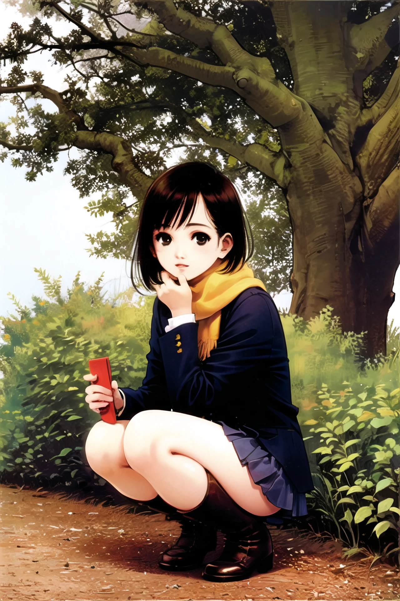 1girl, squatting, scarf, solo, skirt, short hair, breath, school uniform, brown hair, black hair, brown eyes, boots, black eyes,  jacket, tree, <lora:msbqy:0.8>