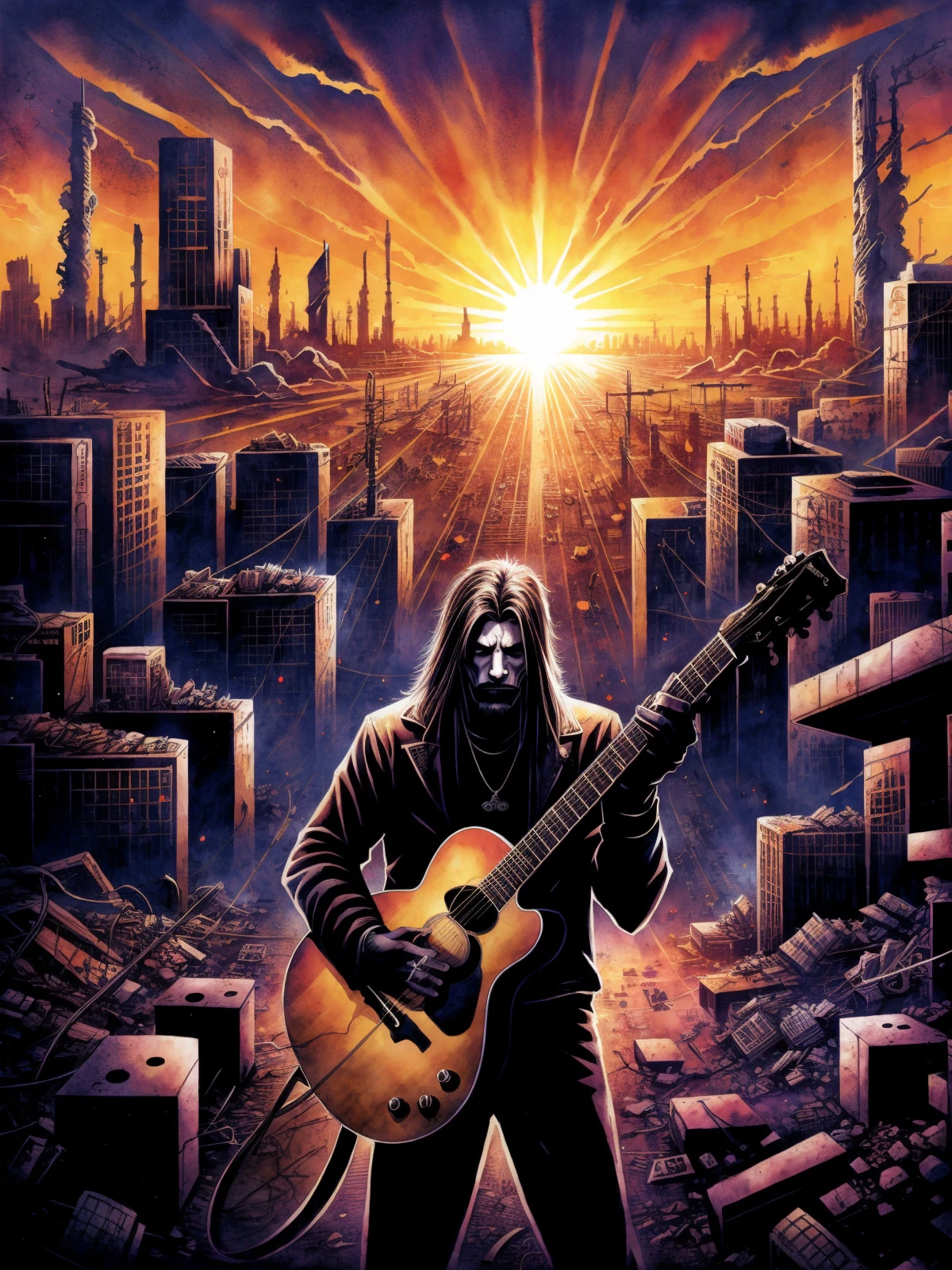 A black metal guy plays his guitar on the last day on earth , post-apocalyptic destroyed city background (colorful aquarell ), ((new dawn)