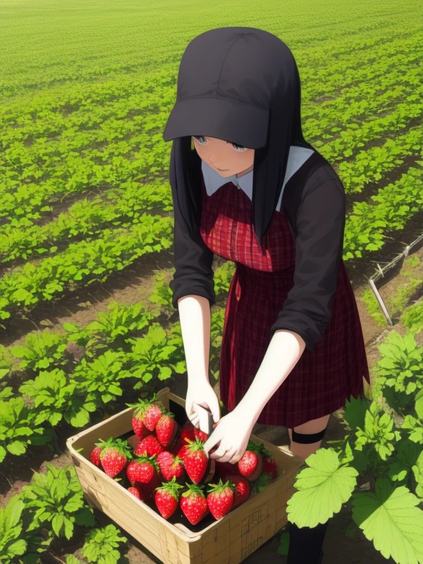 solo,Goth girl picking strawberries in a strawberry field