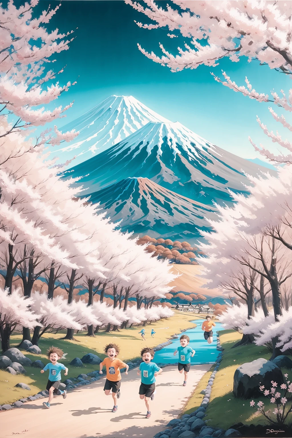 Running Children, Countryside, Mount Fuji landscape,sakura, style of David Michael Bowers, oil , painting ( style of Chris Dyer:0.2) (style of Jean-Honor Fragonard:0.5) <lora:HideakiHamada:1>
