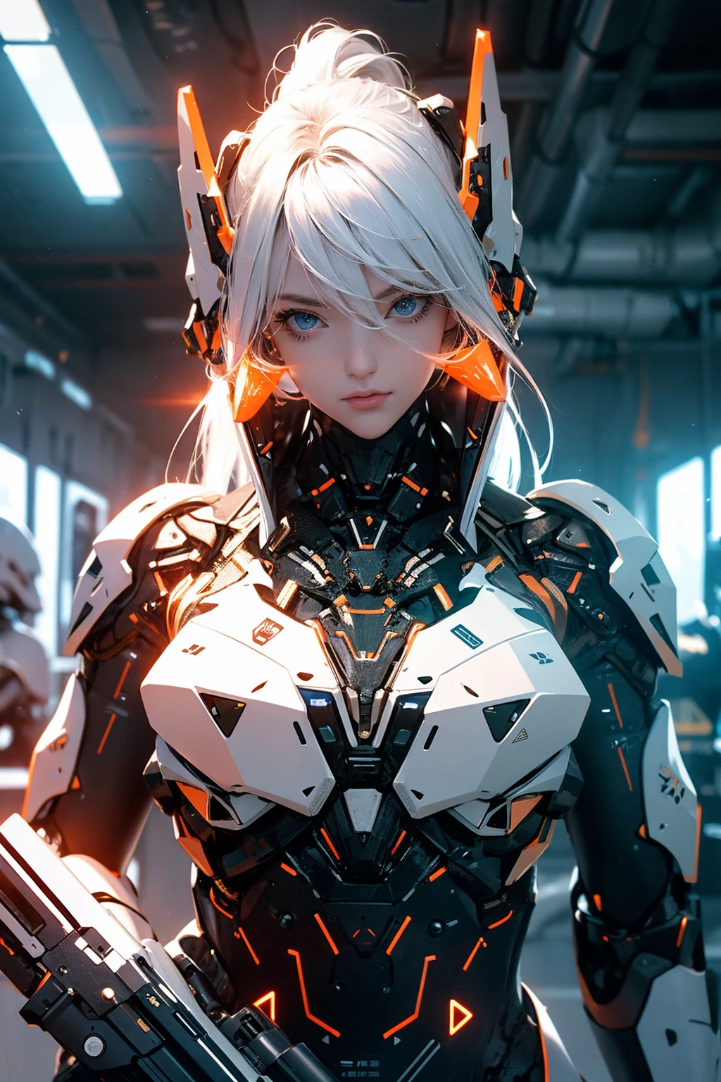 upper body, portrait, robot,white orange armor, white shimmering hair, neon light, 8K, RAW, best quality, masterpiece, ultra high res, colorful, (medium wide shot), (dynamic perspective), sharp focus ,depth of field, extremely detailed eyes and face, beautiful detailed eyes,large breasts,(black gold, trimmed gear:1.2),(In a futuristic weapons factory:1.2), <lyco:add_detail:0.2> , <lyco:Mecharobot:0.8>