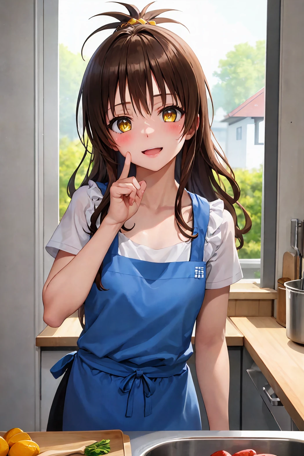 (best quality:1.1), (masterpiece:1.4), (absurdres:1.0), portrait, close up,
1girl, yuuki mikan, brown hair, yellow eyes, hair ornaments, long hair, topknot, wavy hair, small breasts, apron, looking at viewer, kitchen, indoors, happy,
<lora:Kizuki - To Love Ru - Yuuki Mikan:0.8>