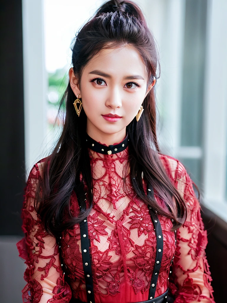 cyq, 1girl, solo, dress, black hair, ponytail, red dress, smile, earrings, simple background, jewelry, looking at viewer, black eyes, makeup, ulzzang-6500v1.1, (original: 1.2), (realistic: 1.3) , beautiful girl with beautiful details, extremely detailed eyes and face, eyes with beautiful details, absurd, incredibly absurd, huge file size, ultra detail, high resolution, ultra detailed, best quality, masterpiece, illustration, ultra detailed and beautiful, ultra detailed, CG, unity, 8k wallpaper, amazing, fine Detail, masterpiece, top quality, official art, extremely detailed CG unity 8k wallpaper, cinematic lighting, (perfect shiny skin:0.6), slim and smooth lines, (floating) <lora:Chenyuqi_v1:0.8>