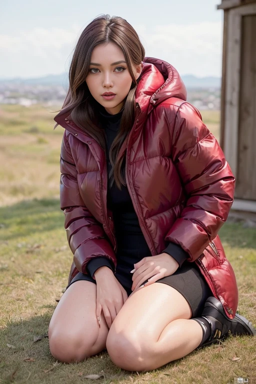 a woman, (wearing red oversized_puffer_jacket:1.3), Lie down on the grass, Overhead camera, sharp focus, handsome,plump legs, skinny,professional lighting,city, eyelines,gold necklace,rendered eyes,tall body,adult woman,hair ornament,instagram most viewed,official wallpaper, official art,(kpop idol), mini skirt, half-closed eyes,building,((photorealistic painting art by midjourney and greg rutkowski)),((supermodel)), <lora:oversized_puffer_jacket-10:0.5>