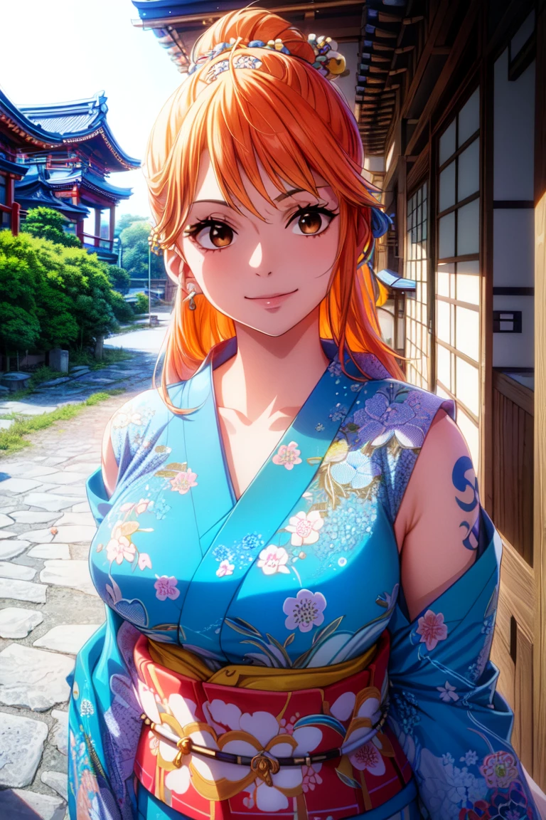 masterpiece, ((ultra detailed background, delicate pattern, intricate detail)), (highly detailed, fine details), best quality, ((medium breasts, slim girl)), NamiV2, 1girl, orange hair, solo, long hair, jewelry, ((medium breasts, slim girl, japanese clothes, kimono, left shoulder tattoo)), hair ornament, brown eyes, smile, earrings, ((complex detailed background, outside, blue tattoo, urban enviroment, traditional japanese town environment, japanese buildings, close-up, portrait)),
<lora:BeautifulDetailedEyes:0.4>, <lora:DetailTweaker:0.5>, <lora:NamiV2:0.75>, <lora:GoodHands-vanilla:0.6>