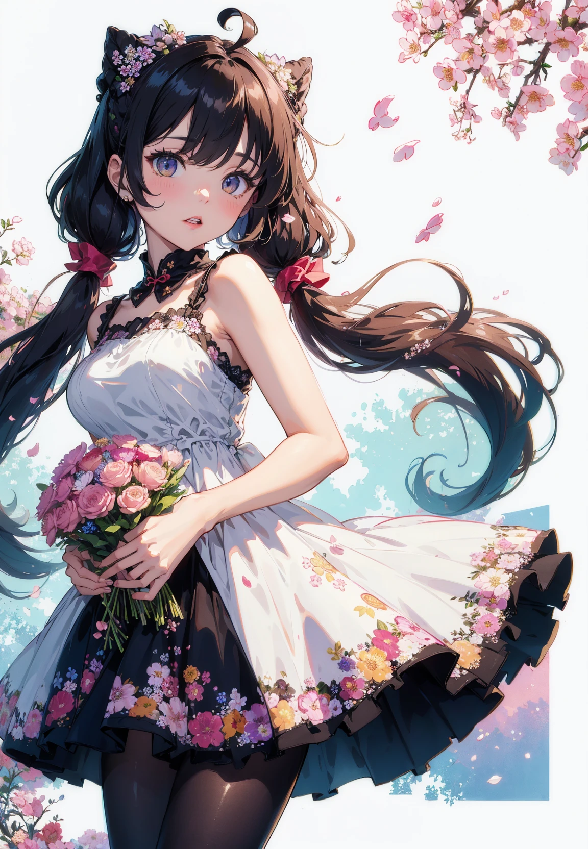 (masterpiece, high quality, highres,illustration),blurry background,[(white background:1.2)::5],cowboy shot,
spring \(season\),(no light:1.1),(temptation:1.2),elegance,
(1loli:1.1),(very long hair:1.1),(blush:0.7),floating hair,ahoge,deep sky,star \(sky\),
(summer (Floral:1.2) dress:1.1),outline,(see-through:0.85),shining,low twintails,
(polychromatic peony:1.15),Movie poster,(colorful:1.1),ornament,petals,(pantyhose:1.1),
ribbon,