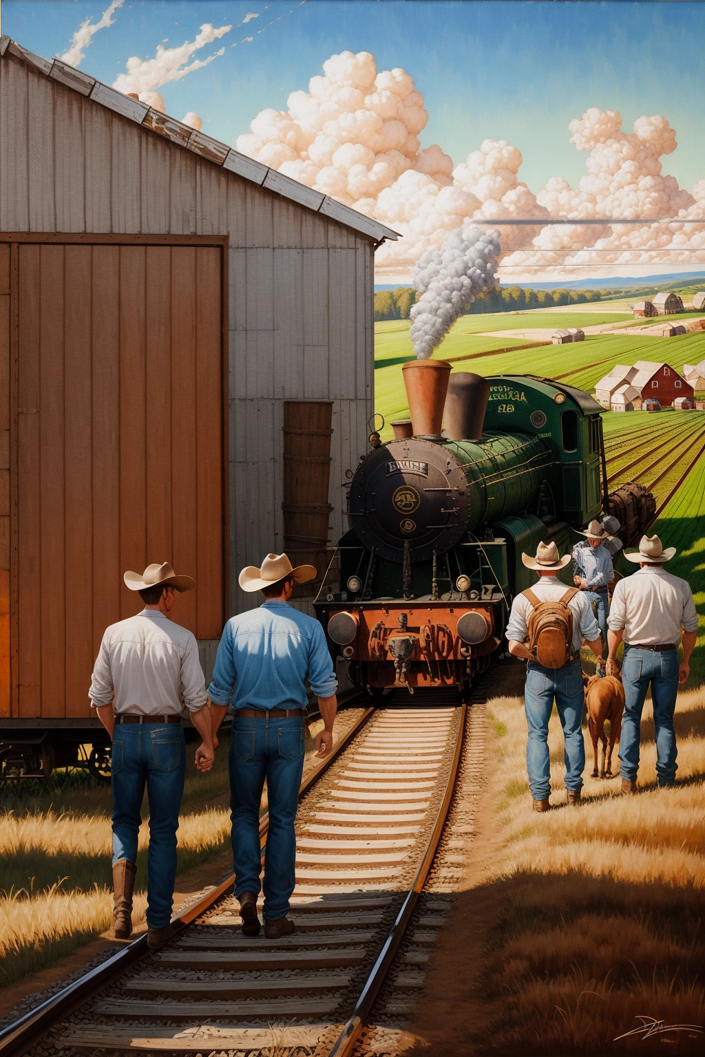 USA, farms, trains, cowboys, style of David Michael Bowers, oil , painting ( style of Chris Dyer:0.2) (style of Jean-Honor Fragonard:0.5) <lora:KodakE100VS:1>