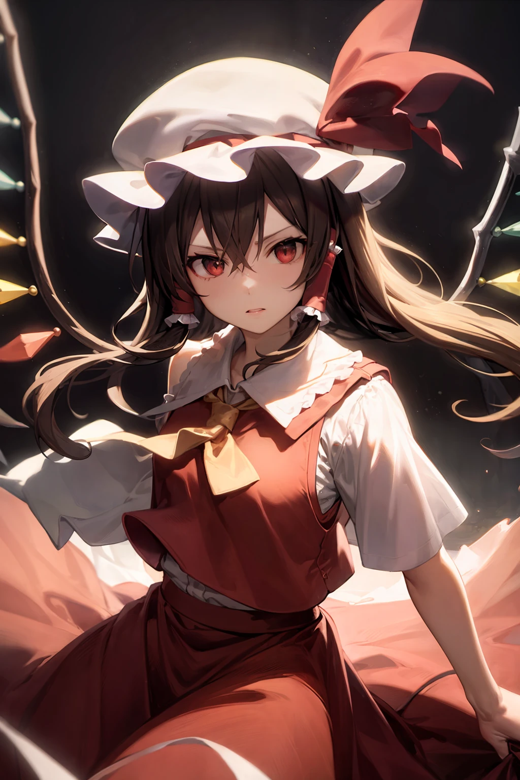 masterpiece, best quality, <lora:reimu:0.8>, <lora:flandre:0.8>,brown hair,long hair,hair tubes,vest,mob cap, red skirt,wings