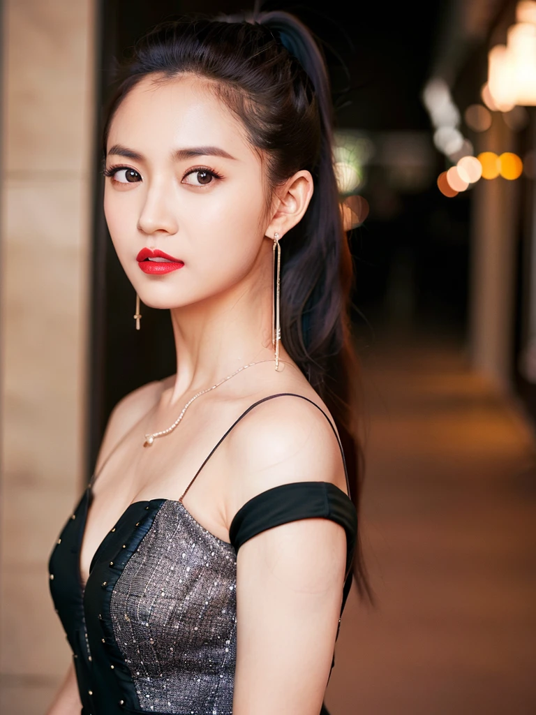 cyq, 1girl, solo, jewelry, earrings, portrait, looking at viewer, realistic, black hair, lips, blurry, red lips, brown eyes, ponytail, blurry background, brown hair, black eyes, lipstick, parted lips, makeup, black jacket, ulzzang-6500v1.1, (original: 1.2), (realistic: 1.3) , beautiful girl with beautiful details, extremely detailed eyes and face, eyes with beautiful details, absurd, incredibly absurd, huge file size, ultra detail, high resolution, ultra detailed, best quality, masterpiece, illustration, ultra detailed and beautiful, ultra detailed, CG, unity, 8k wallpaper, amazing, fine Detail, masterpiece, top quality, official art, extremely detailed CG unity 8k wallpaper, cinematic lighting, (perfect shiny skin:0.6), slim and smooth lines, (floating) <lora:Chenyuqi_v1:0.8>