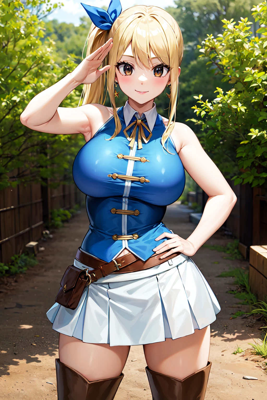 masterpiece, best quality, highres, lucy heartfilia, blonde hair, long hair, side ponytail, blue ribbon, large breasts, earrings, thigh boots, blue shirt, sleeveless shirt, white skirt, <lora:lucy_heartfilia_v11:0.7>, hand on hip, salute, smile, outdoors, cowboy shot