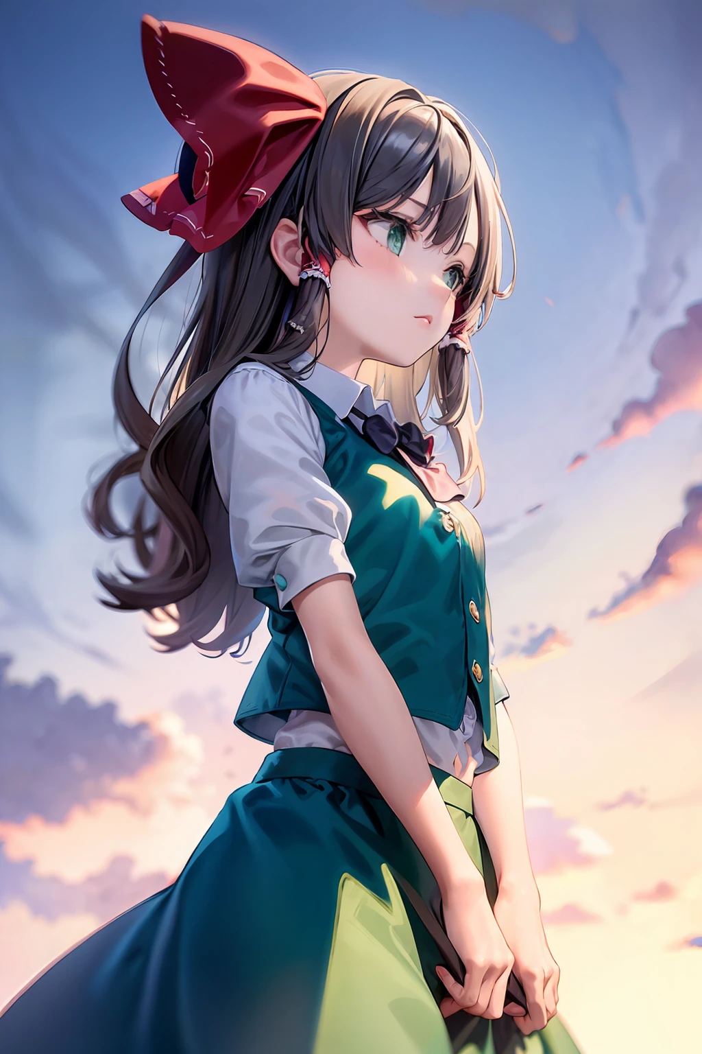 masterpiece, best quality, <lora:reimu:0.8>, <lora:youmu:0.8>,brown hair,long hair,hair tubes,hair bow,red bow,vest,green shirt,green skirt,