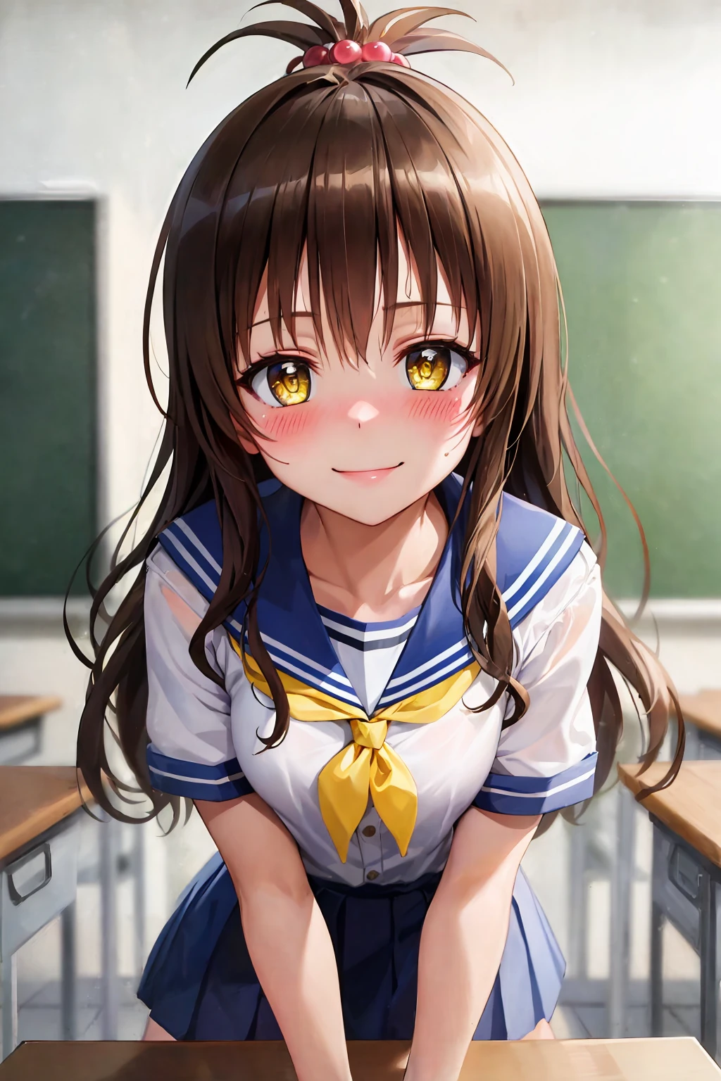 (best quality:1.1), (masterpiece:1.4), (absurdres:1.0), portrait, close up,
1girl, yuuki mikan, brown hair, yellow eyes, hair ornaments, long hair, topknot, wavy hair, small breasts, school uniform, looking at viewer, classroom, (blush:1.2), smile,
<lora:Kizuki - To Love Ru - Yuuki Mikan:0.8>