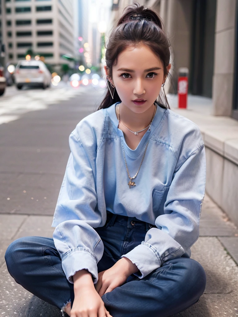 cyq, 1girl, solo, jeans, jewelry, pants, denim, necklace, pink background, sitting, cross, realistic, looking at viewer, shirt, brown hair, smile, parted lips, ponytail, shoes, long hair, full body, blue pants, short sleeves, simple background, ulzzang-6500v1.1, (original: 1.2), (realistic: 1.3) , beautiful girl with beautiful details, extremely detailed eyes and face, eyes with beautiful details, absurd, incredibly absurd, huge file size, ultra detail, high resolution, ultra detailed, best quality, masterpiece, illustration, ultra detailed and beautiful, ultra detailed, CG, unity, 8k wallpaper, amazing, fine Detail, masterpiece, top quality, official art, extremely detailed CG unity 8k wallpaper, cinematic lighting, (perfect shiny skin:0.6), slim and smooth lines, (floating) <lora:Chenyuqi_v1:0.8>