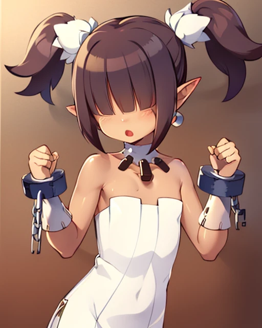 Clergy,flat chest ,pointy ears, short twintails ,hair over eyes ,Black hair, jewelry. fists up, eyes closed,
ClDres,bare shoulders ,cuffs , (white strapless dress with blue trim), shackles, (brown skin1:2)
outer space, open church, milky way,
(insanely detailed, beautiful detailed face, masterpiece, best quality) <lora:Clergy:0.8>