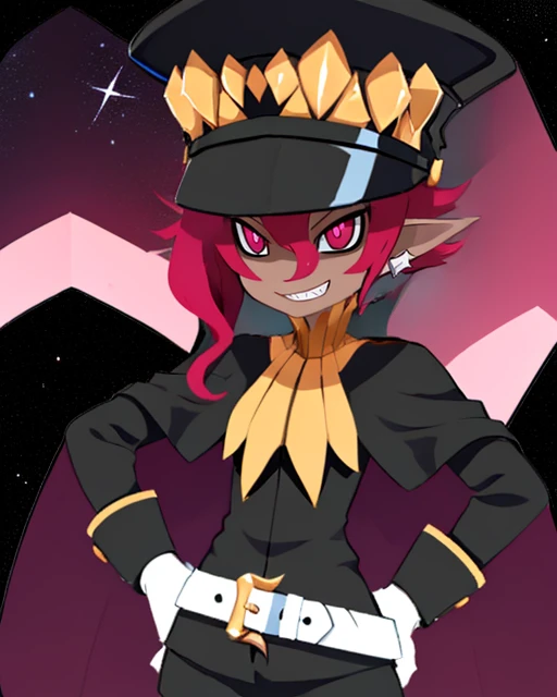 Psychic, short lavender hair , pink eyes,pointy ears ,dark skin , evil grin, standing, upper body, hands on hip,
PsyATT,white gloves, earrings ,black shorts , black boots, white belt , black uniform with long sleeves ,shako cap, cape,
outer space, milky way, stars, open military base,
(insanely detailed, beautiful detailed face, masterpiece, best quality) <lora:Psychic:0.8>