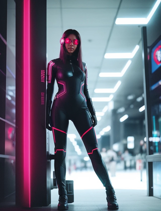 raw photo, film grain, full figure shot, a woman, cybersuit, cyberpunk <lora:Analog Style Lomo:0.7>