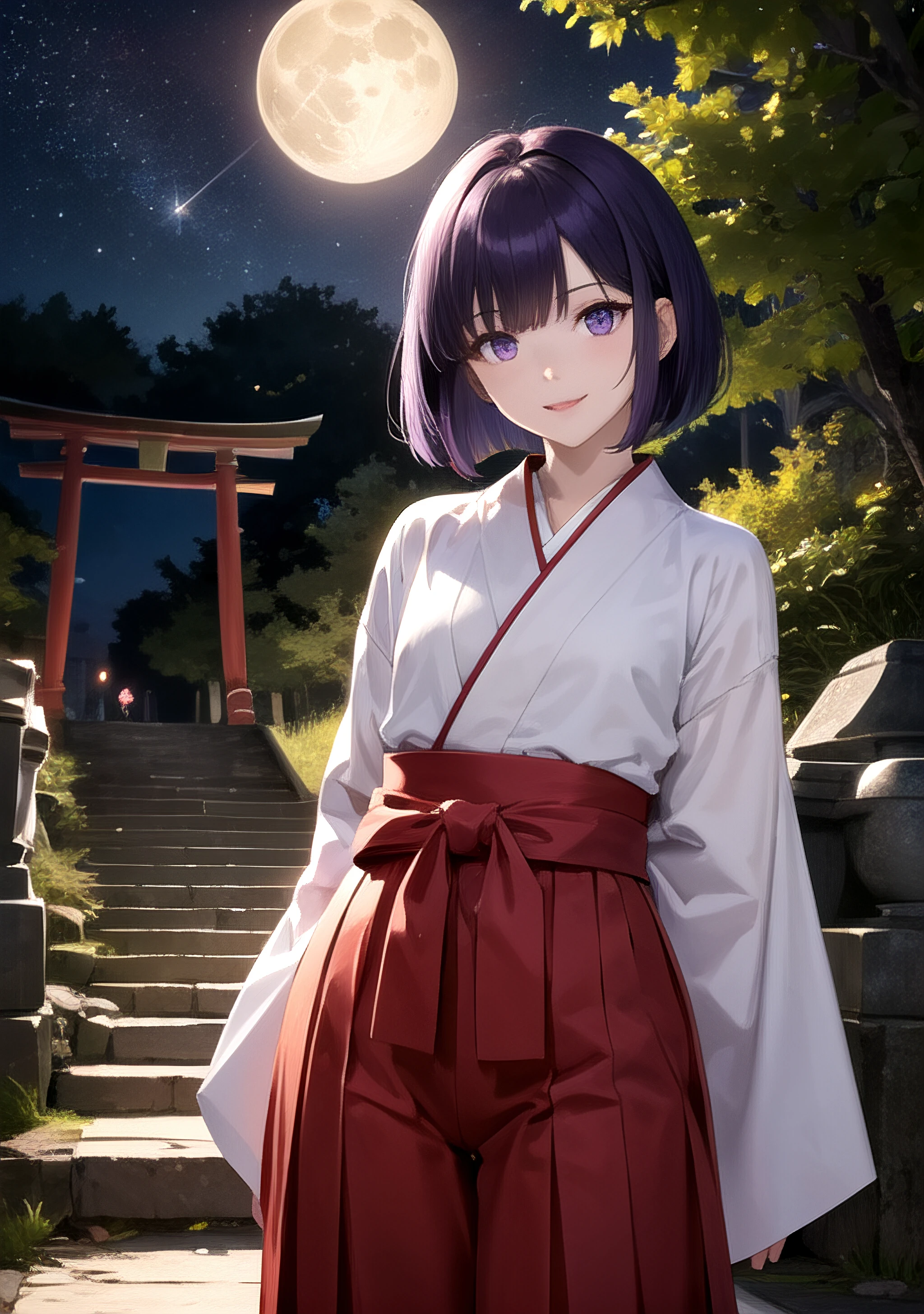 (masterpiece, highres, best quality, ultra detailed, detailed background, cinematic lighting:1.2), (beautiful detailed face, detailled eyes), forest, night, moon,, starry sky, stairs, stone stairs, stone lantern, torii, looking at viewer, straight-on, 1girl, pale skin, purple hair, medium straight hair, bob cut, purple eyes, narrow waist, flat chest, petite, miko, red hakama, shiny lips, smile, contrapposto, arms behind back,