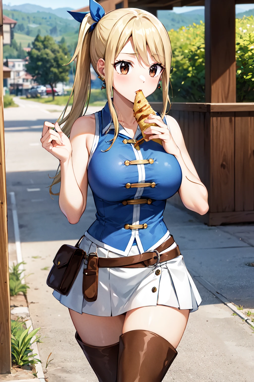masterpiece, best quality, highres, lucy heartfilia, lucy heartfilia, 1girl, solo, blonde hair, brown eyes, long hair, side ponytail, hair ribbon, large breasts, earrings, thigh boots, blue shirt, sleeveless, white skirt, <lora:lucy_heartfilia_v1.1:0.7>, town, outdoors, walking, cowboy shot, eating, crepe,