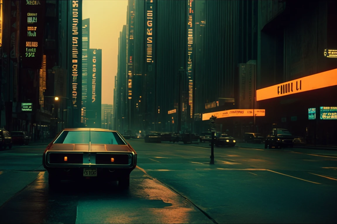 A film still photography of DC Arrow in a cyberpunk blade runner futuristic city, super 8mm film, saturated color grading, de-noise, set in 2052, very detailed, high quality, 4k, 8k, impressive, film still, global illumination