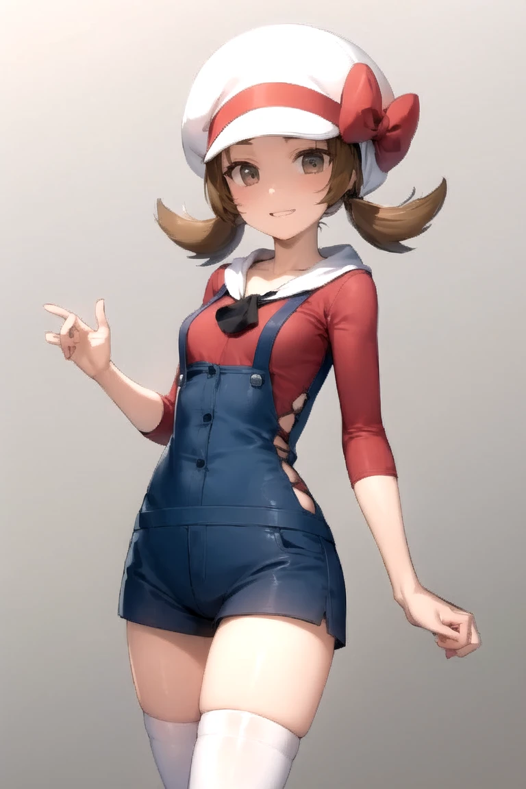 masterpiece, best quality, <lora:LyraV2:0.7>, lyra \(pokemon\), overalls, shorts, red shirt, white headwear, bow, white thighhighs, smile