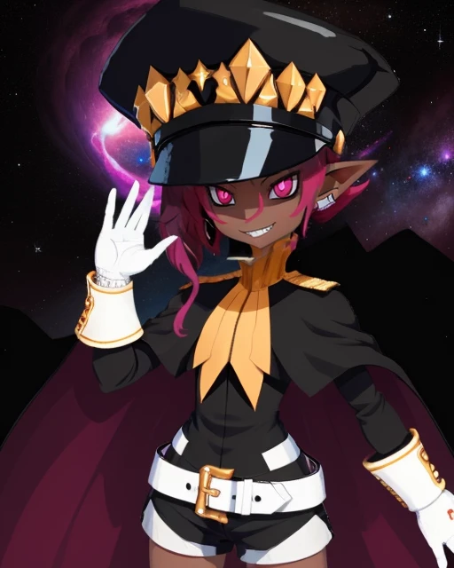 Psychic, short lavender hair , pink eyes,pointy ears ,dark skin , evil grin, standing, upper body,
PsyATT,white gloves, earrings ,black shorts , black boots, white belt , black uniform with long sleeves ,shako cap, cape,
outer space, milky way, stars, open military platform,
(insanely detailed, beautiful detailed face, masterpiece, best quality) <lora:Psychic:0.7>
