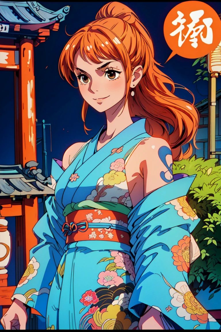 masterpiece, ((ultra detailed background, delicate pattern, intricate detail)), (highly detailed, fine details), best quality, ((medium breasts, slim girl)), NamiV2, 1girl, orange hair, solo, long hair, jewelry, ((medium breasts, slim girl, japanese clothes, kimono, left shoulder tattoo)), hair ornament, brown eyes, smile, earrings, ((complex detailed background, outside, blue tattoo, urban enviroment, traditional japanese town environment, japanese buildings, cowboy shot)),
<lora:BeautifulDetailedEyes:0.4>, <lora:DetailTweaker:0.5>, <lora:NamiV2:0.75>, <lora:GoodHands-vanilla:0.6>