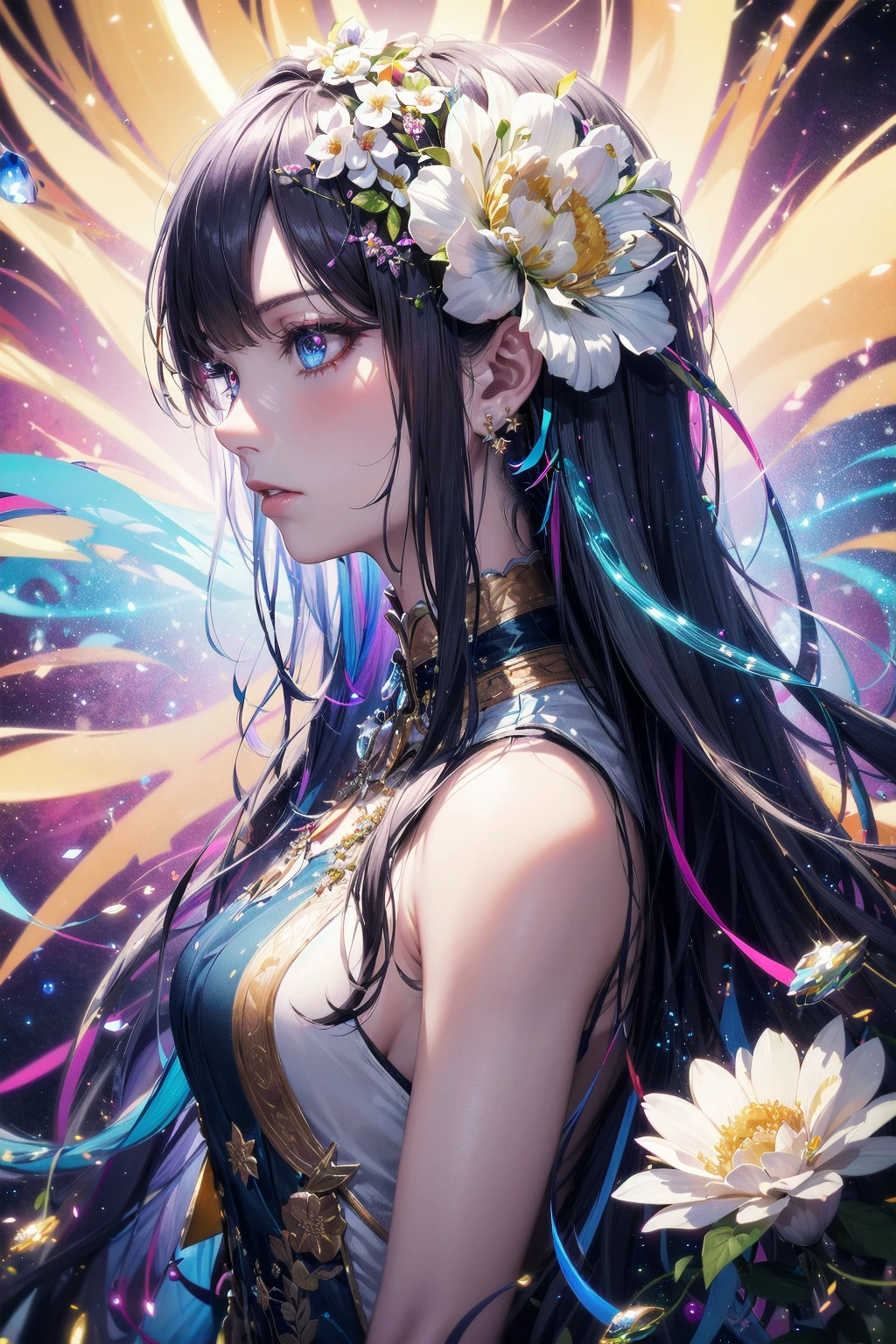 absurdres, highres, (close view:1.4), upper body, side view,
1girl, long hair, shining hair, complex hair, colorful hair, shining eyes,
complex dress,
fractal art, complex background, (flashy background:1.3), (colorful background:1.2), flashy effects, (flower effects:1.2), dna affects, white effects, (Pale color scheme:1.2),
<lora:flat2:-0.3>,