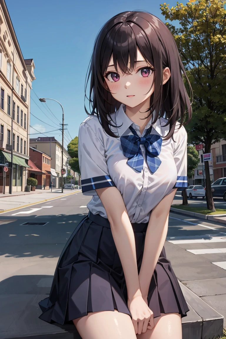 (masterpiece), best quality, high resolution, extremely detailed, detailed background, cinematic lighting, outdoor, 1girl, medium hair, dark hair, medium breasts, school uniform