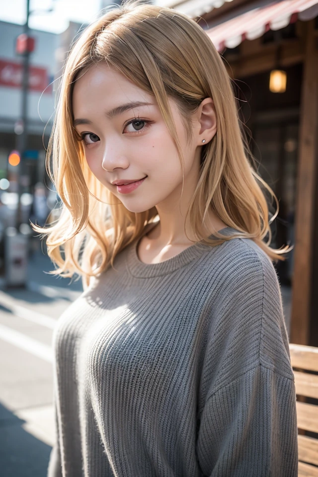 studio light, depth of field, upper body, slender, cute face, smile, beautiful details eyes, 19yo japanese, pretty, Voluminous curls with warm blonde color, Plaza, casual