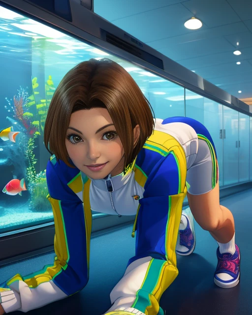 Uriko, brown short hair, brown eyes, solo, standing, cute, lips,  smiling,     on all fours,
UriJAK, track jacket, (sleeves past wrists:1.1), white bike shorts ,sneakers,zipper,socks ,
in a large aquarium,  dark area,  large glass windows, fish
(insanely detailed, beautiful detailed face, masterpiece, best quality)  <lora:Uriko:0.7>