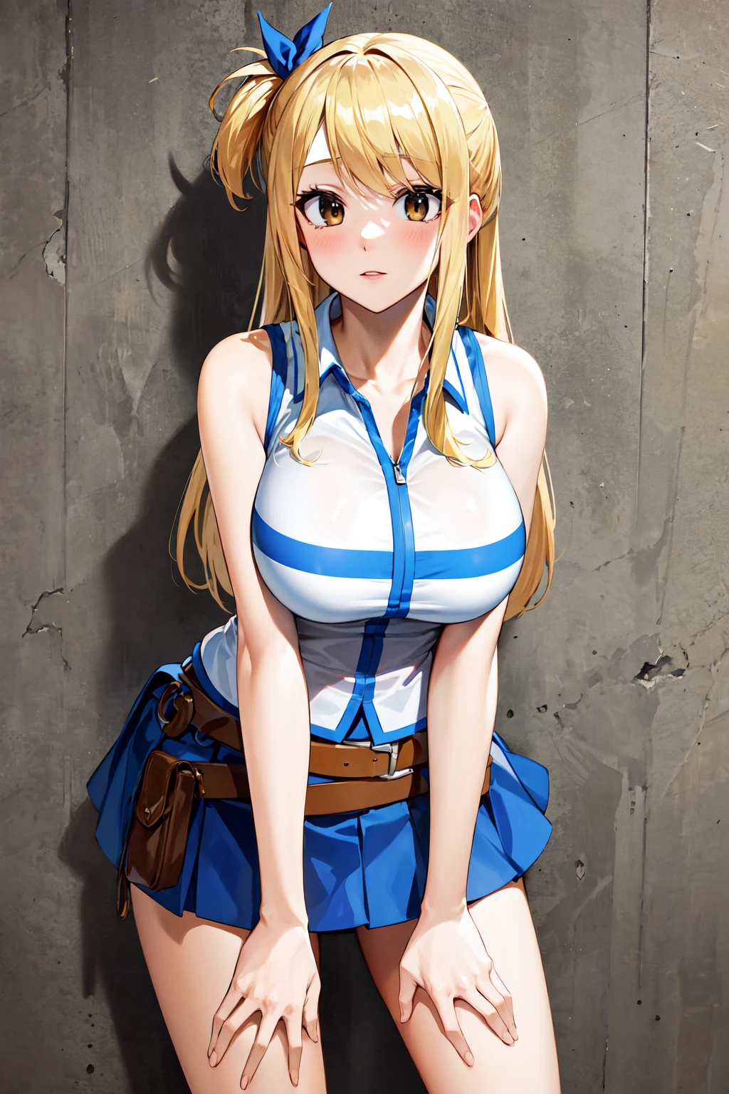 masterpiece, best quality, highres, lucy heartfilia, blonde hair, long hair, large breasts, white shirt, sleeveless, belt, blue skirt, <lora:lucy_heartfilia_v11:0.7>, cowboy shot, standing, leaning forward,