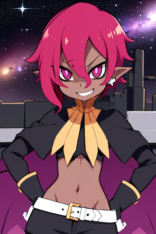 Psychic, short lavender hair , pink eyes, pointy ears ,dark skin , hands on hip, seductive look, looking at viewer, grin, upper body,
white shirt, black shorts, midriff, navel
outer space, milky way, stars, open military base,
(insanely detailed, beautiful detailed face, masterpiece, best quality) <lora:Psychic:0.7>