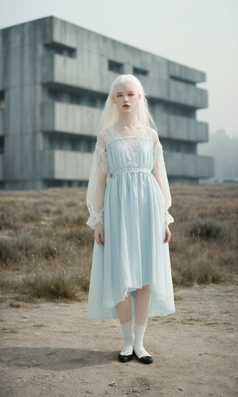 portrait of haute couture beautiful albino european fashion model with pale blue hair, ethereal dreamy foggy, photoshoot by Alessio Albi , editorial Fashion Magazine photoshoot, fashion poses, in front of brutalist building architecture. Kinfolk Magazine. Film Grain, BREAK <lora:difConsistency_photo:0.5>, film photoshoot, hazy background, smoky,film photo,,film grain,vintage photo with film grain