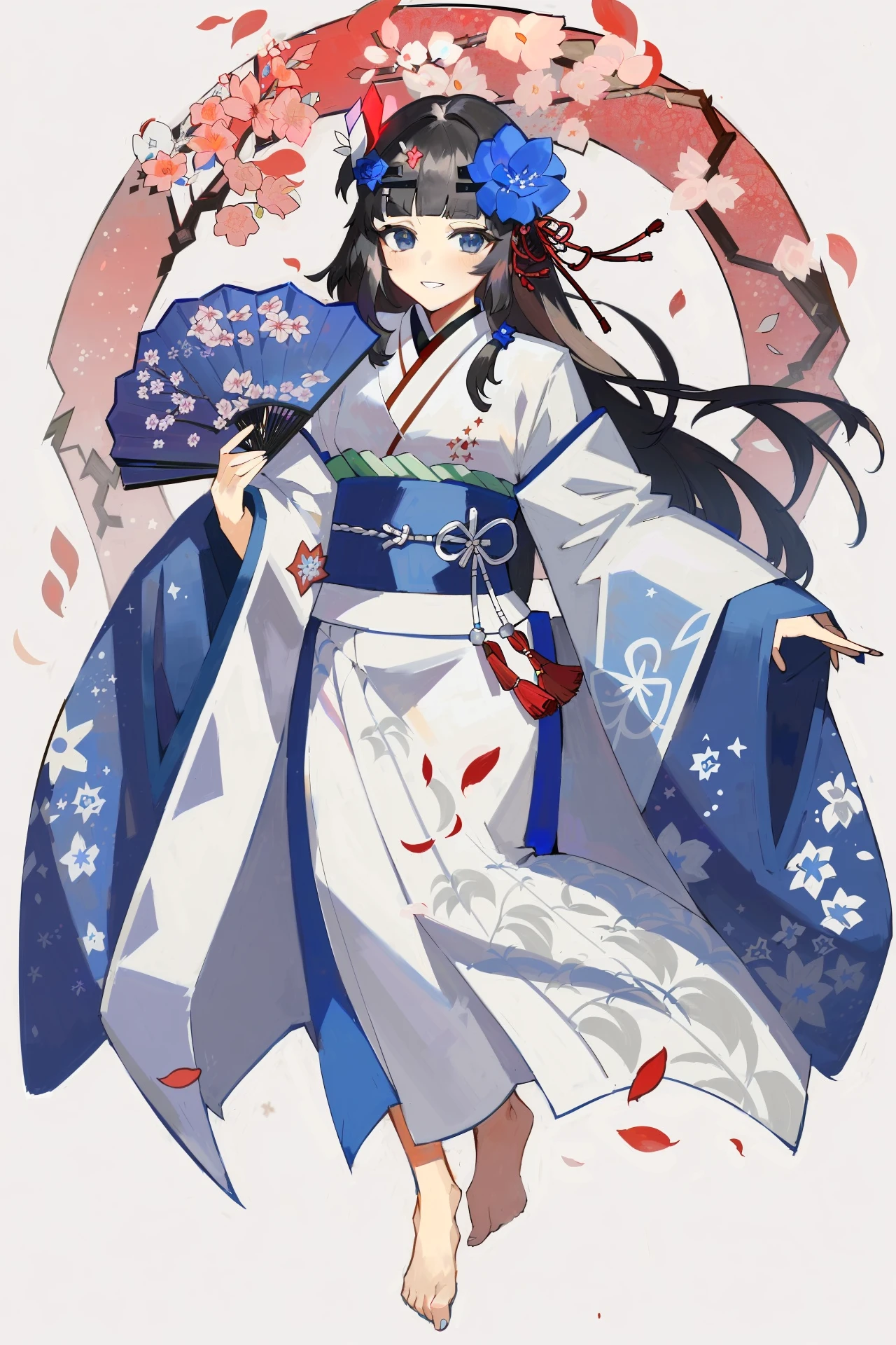by starshadowmagic, 1girl, solo, hand fan, black hair, tassel, barefoot, flower, holding fan, holding, white background, shawl, long hair, wide sleeves, hair ornament, long sleeves, hanfu, bangs, chinese clothes, full body, covering mouth, jewelry, hagoromo, petals, simple background, hair flower, dress, blunt bangs, beads, floral print, blue flower