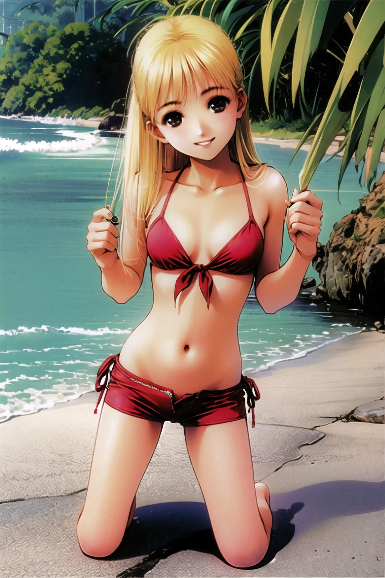 1girl, solo, swimsuit, bikini, shorts, red bikini,unzipped, long hair, water, undressing, front-tie top, denim shorts, smile, open fly, blonde hair,  <lora:msbqy:0.9>