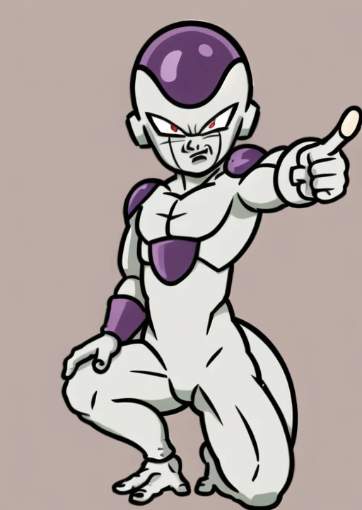 rhythm_heaven, masterpiece, best quality, frieza, 1boy, on one knee, pointing at viewer, angry, full body, looking at viewer, male focus, tail, red eyes, solo, white background <lora:RhythmHeavenTest6:0.7> <lora:Frieza:0.9>