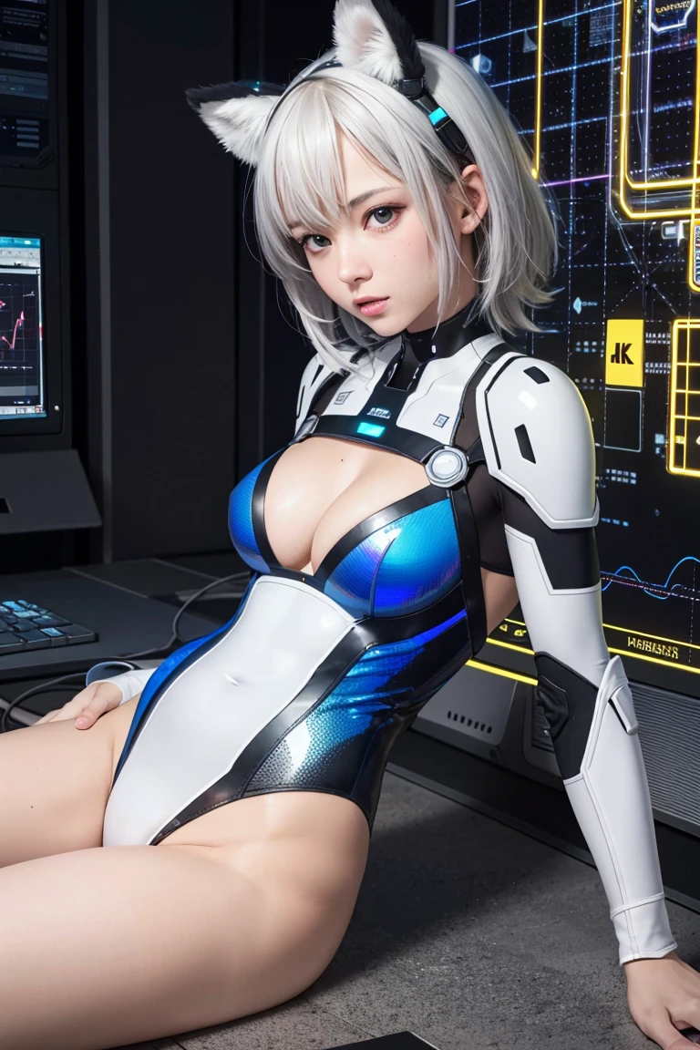 (8k, RAW photo, realistic, photo-realistic:1.5), masterpiece, best quality, high resolution, extremely detailed, detailed background, cinematic lighting, 1girl, silver hair, naughty face, drooling, blush, science fiction, mecha, cockpit, control stick, fake animal ears, white leotard, highleg leotard, looking at viewer, on stomach, lying, leaning forward, straddling, sideboob, glowing, skindentation, wire and cable, sideboob, holographic monitor