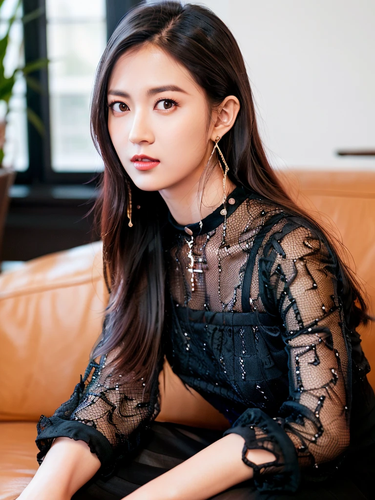 cyq, 1girl, solo, jewelry, realistic, long hair, necklace, earrings, sitting, dress, looking at viewer, black hair, brown eyes, lips, green dress, long sleeves, couch, hand on own chin, brown hair, closed mouth,  ulzzang-6500v1.1, (original: 1.2), (realistic: 1.3) , beautiful girl with beautiful details, extremely detailed eyes and face, eyes with beautiful details, absurd, incredibly absurd, huge file size, ultra detail, high resolution, ultra detailed, best quality, masterpiece, illustration, ultra detailed and beautiful, ultra detailed, CG, unity, 8k wallpaper, amazing, fine Detail, masterpiece, top quality, official art, extremely detailed CG unity 8k wallpaper, cinematic lighting, (perfect shiny skin:0.6), slim and smooth lines, (floating) <lora:Chenyuqi_v1:0.8>
