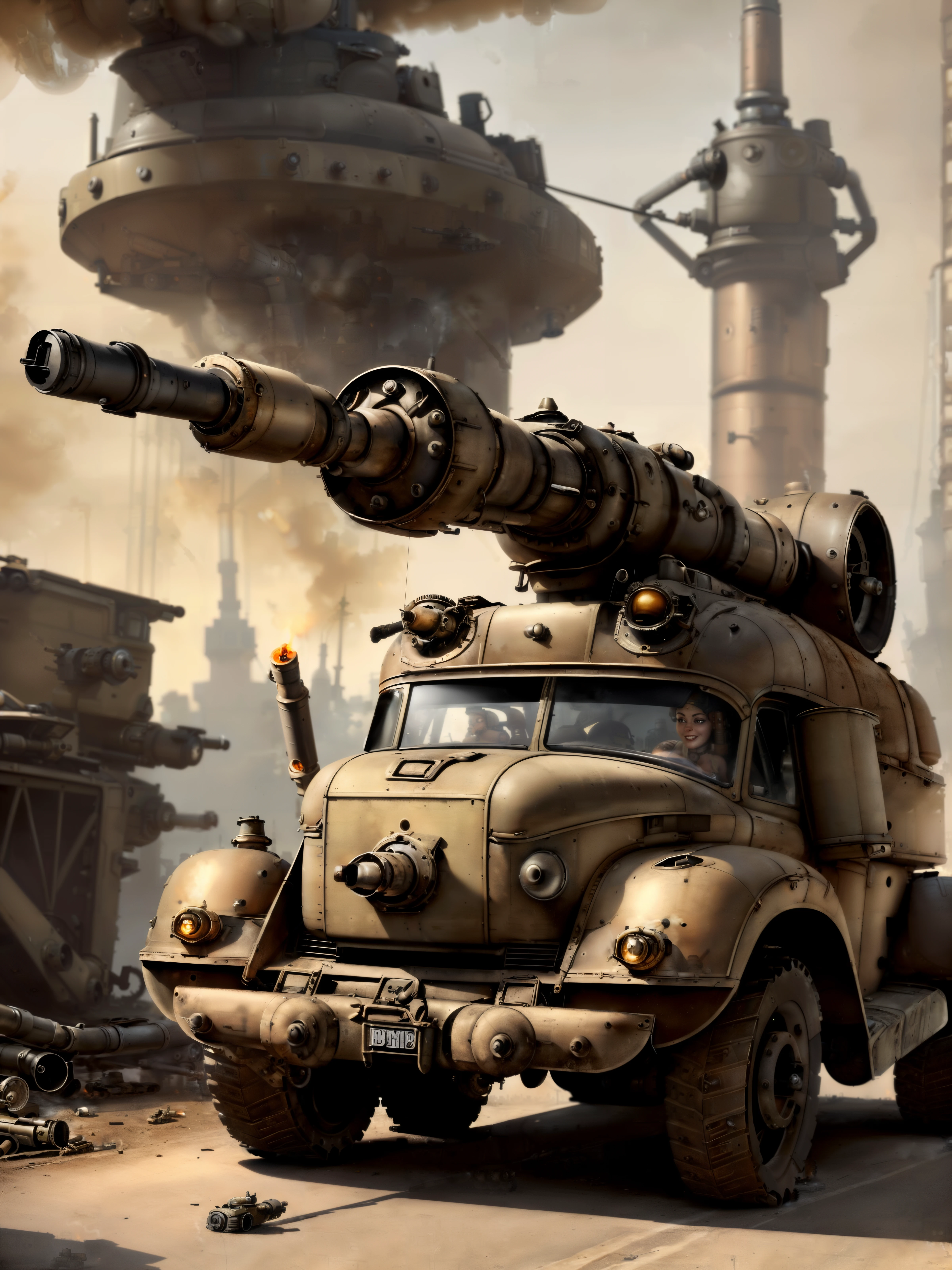 a ((dieselpunk woman)) drives threw a destroyed city with her ((dieselpunk truck with a mounted tank turret fireing the cannon)) after nuclear blast, high detailed (photorealistic)