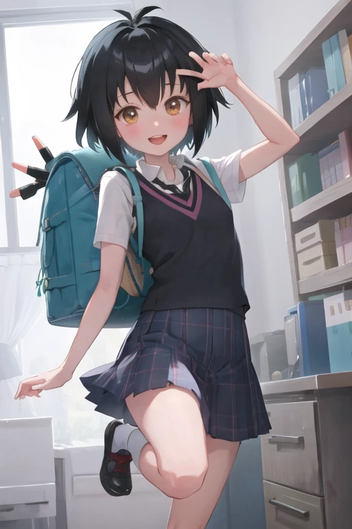 peniparker, :d, looking at viewer, backpack, jumping, bedroom, pale skin <lora:peni_parker:1>