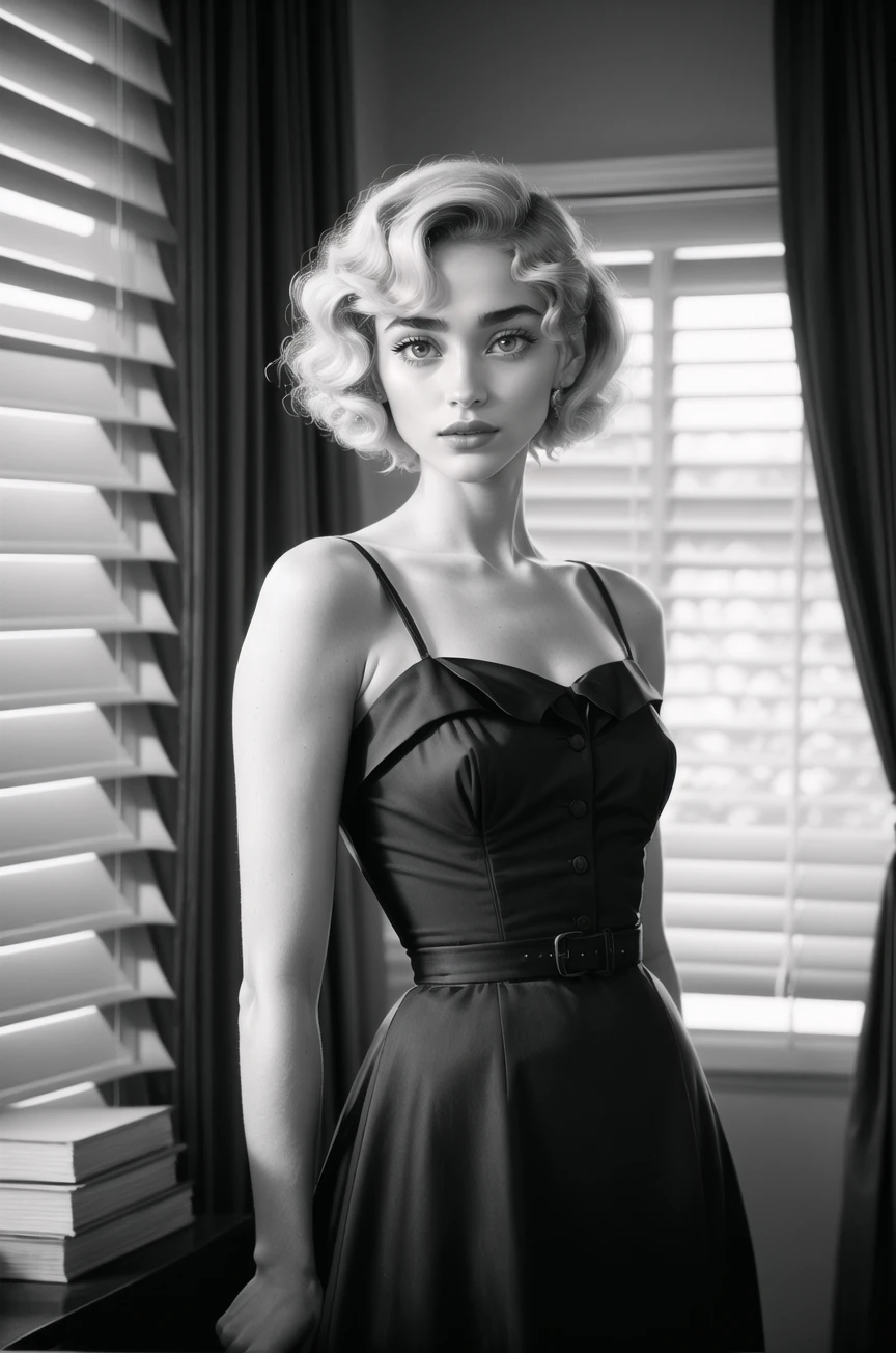 black and white still photo of sad RoxieCipher with blonde 1950s bouffant hair, wearing a vintage 1950s aline dress, dark office, slatted blinds, femme fatale from a film noir movie, Robert Siodmak, cinematic lighting, atmospheric, dark, nostalgic, smoky, 35mm, depth of field <lora:more_details:0.5>
